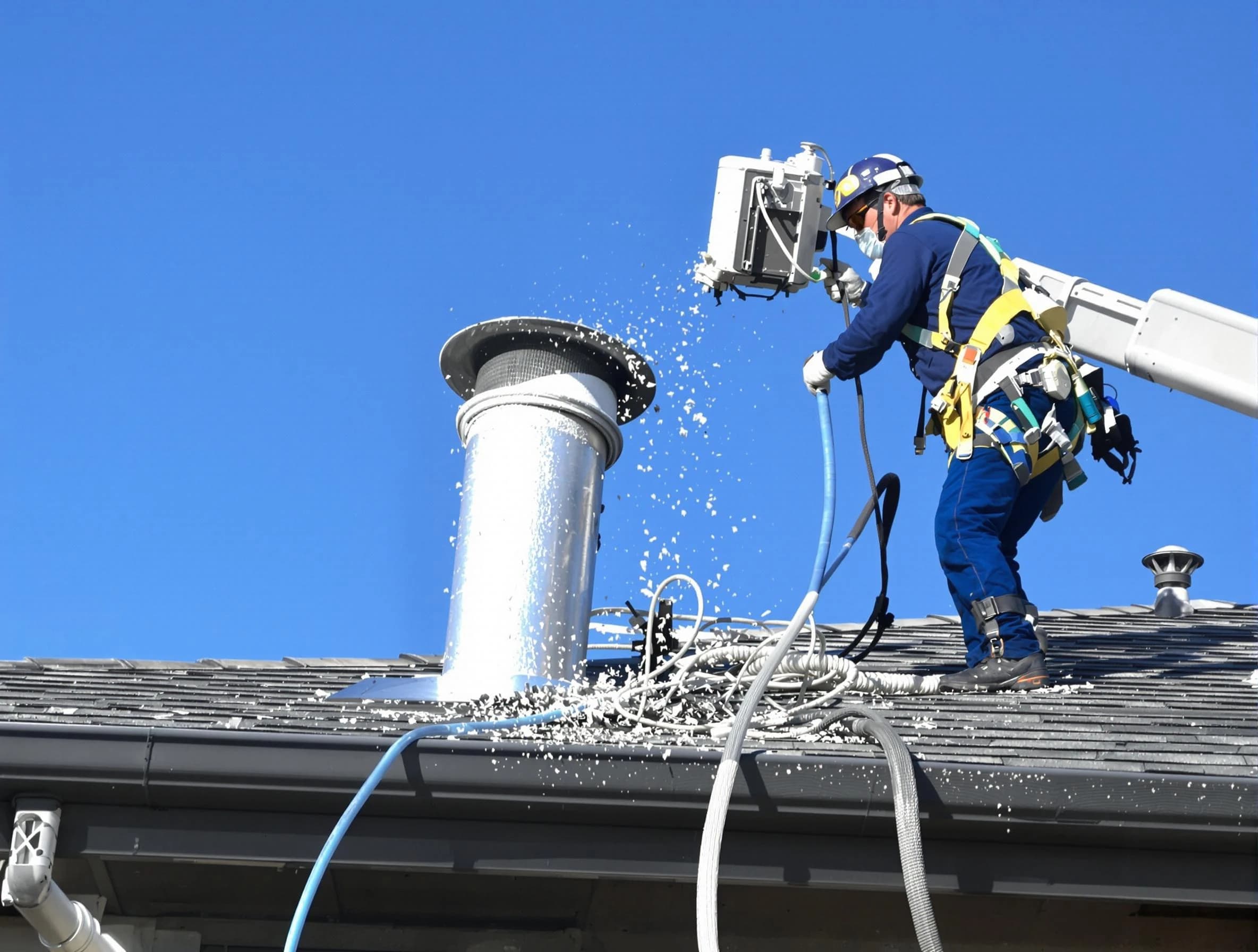 Woodstock Dryer Vent Cleaning certified technician safely cleaning a roof-mounted dryer vent in Woodstock