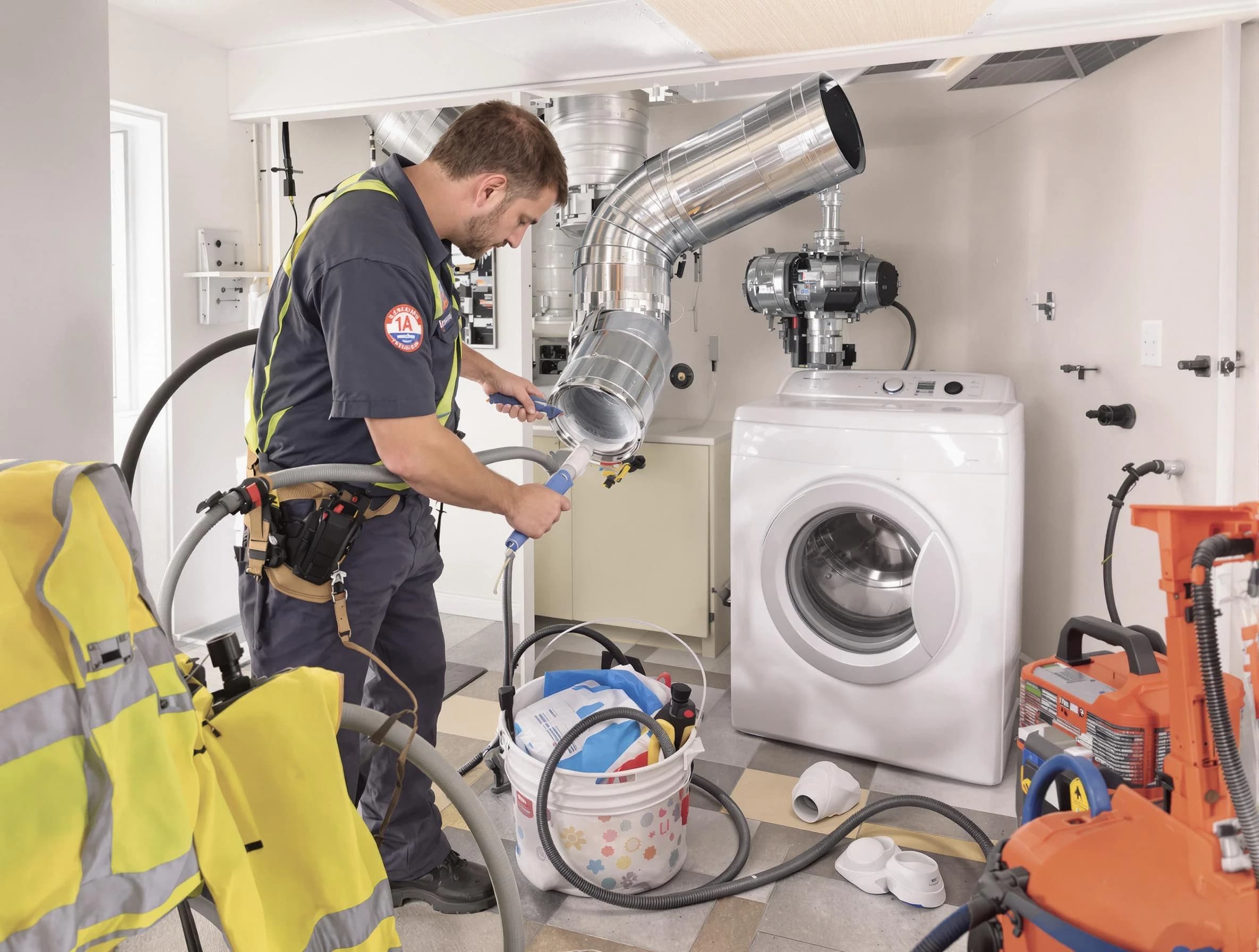 Woodstock Dryer Vent Cleaning technician using specialized equipment to clear severe dryer vent blockage in Woodstock