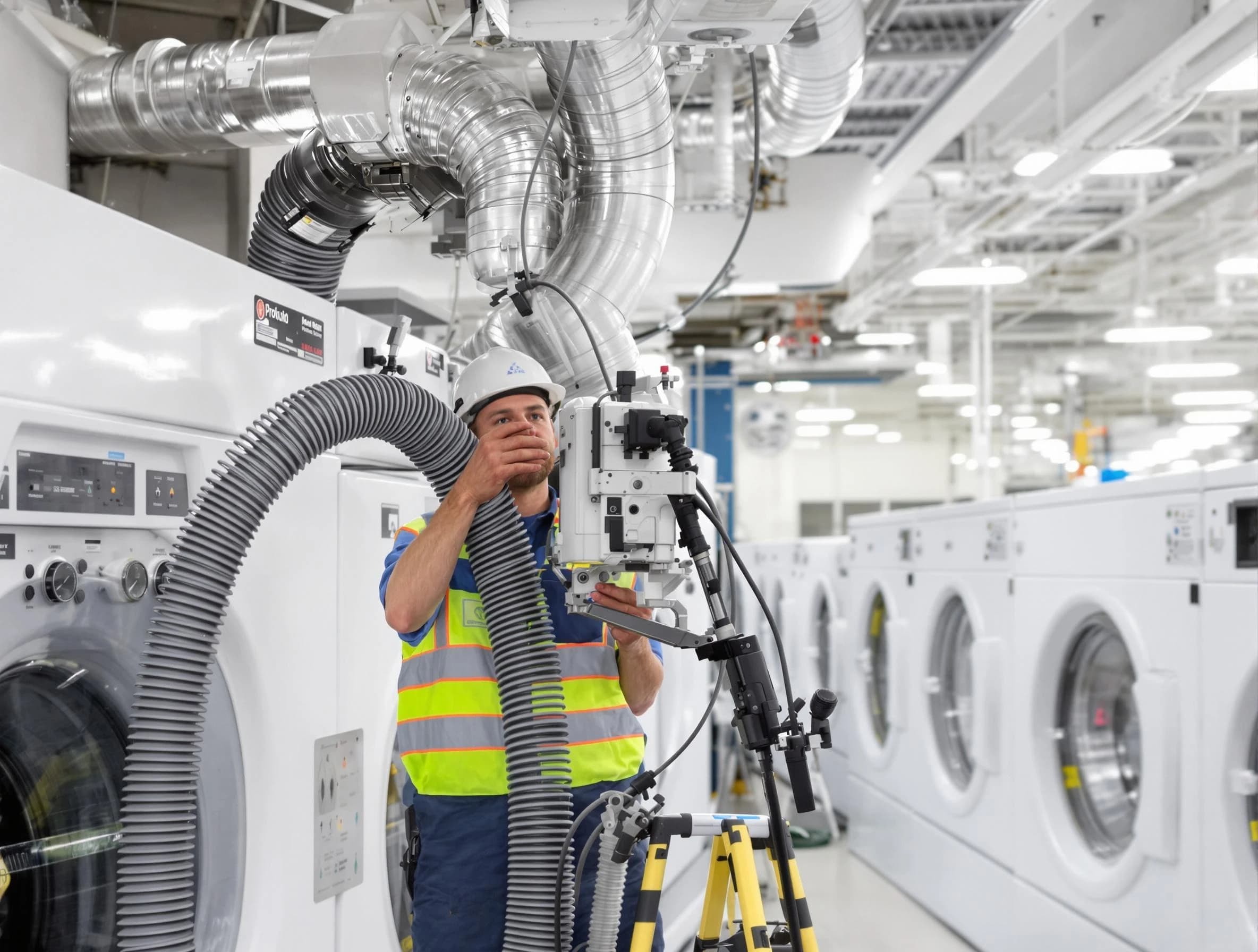 Woodstock Dryer Vent Cleaning team performing commercial-grade dryer vent cleaning at a business facility in Woodstock