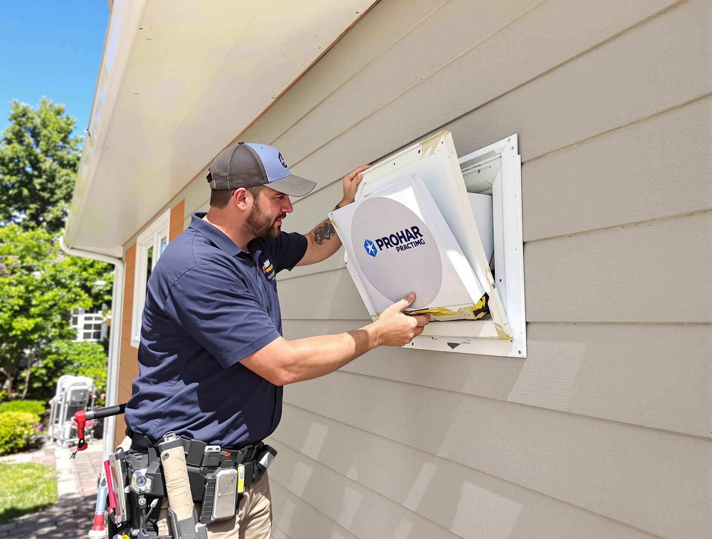 Woodstock Dryer Vent Cleaning technician installing a new protective dryer vent cover on a home in Woodstock