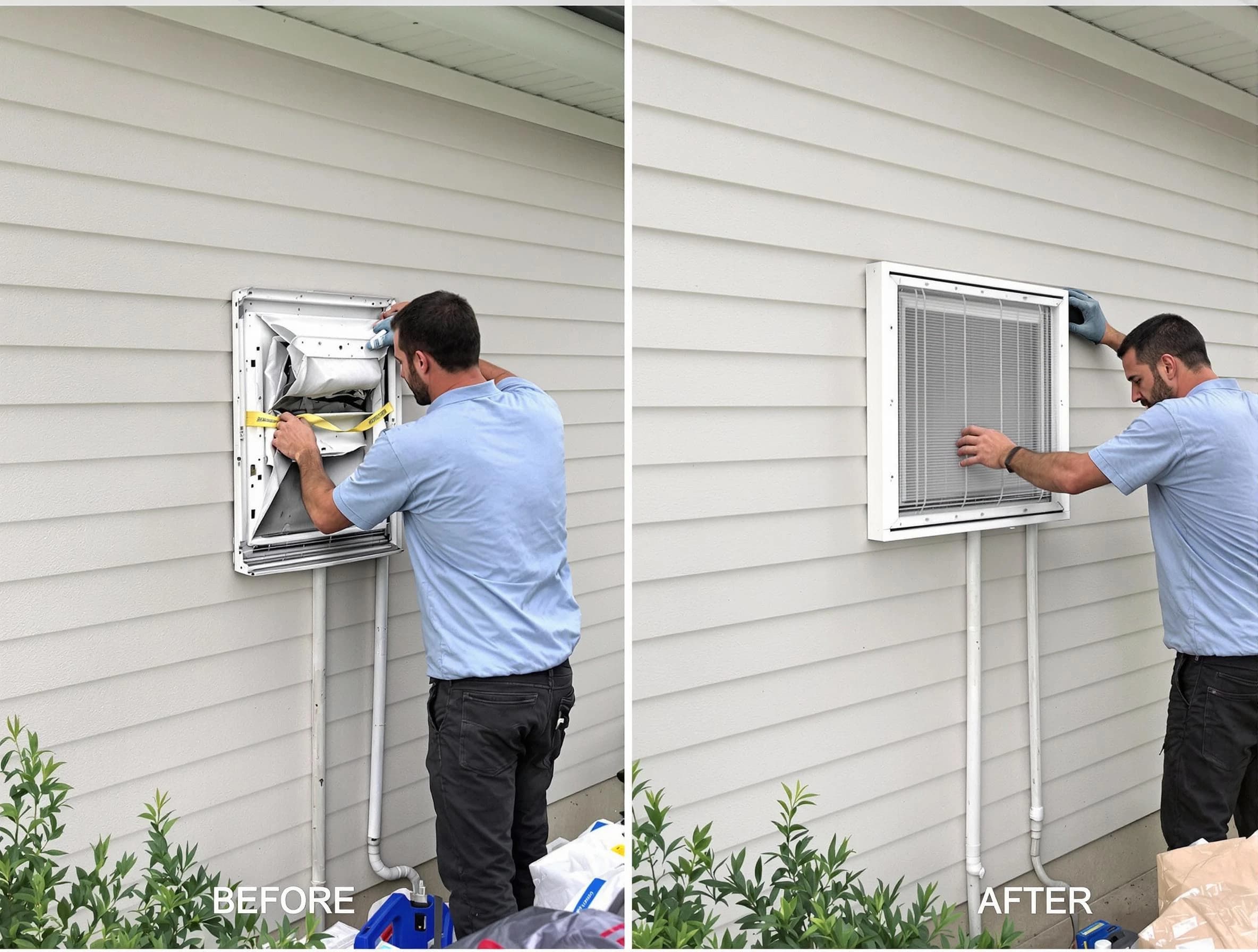 Woodstock Dryer Vent Cleaning technician installing high-quality dryer vent cover at a residential property in Woodstock