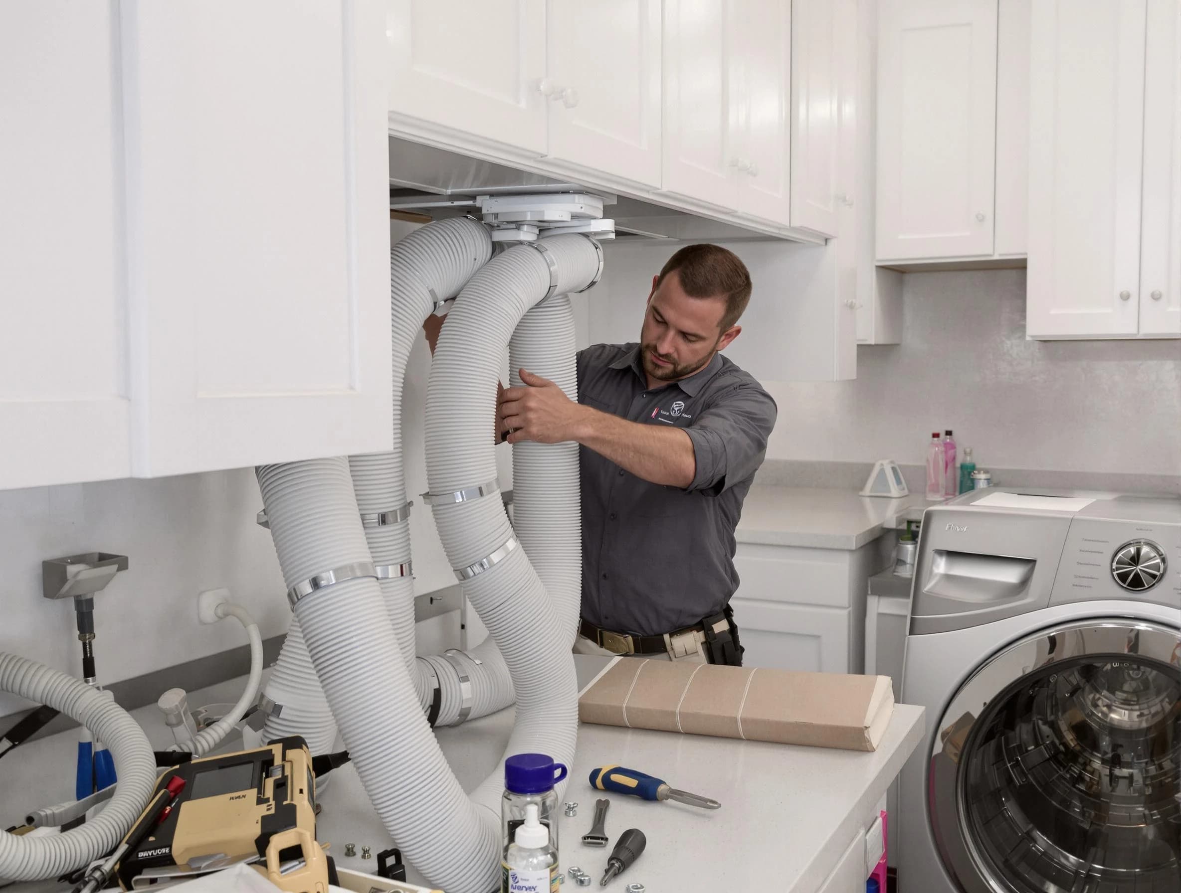 Woodstock Dryer Vent Cleaning technician installing a new professional-grade dryer vent hose in Woodstock