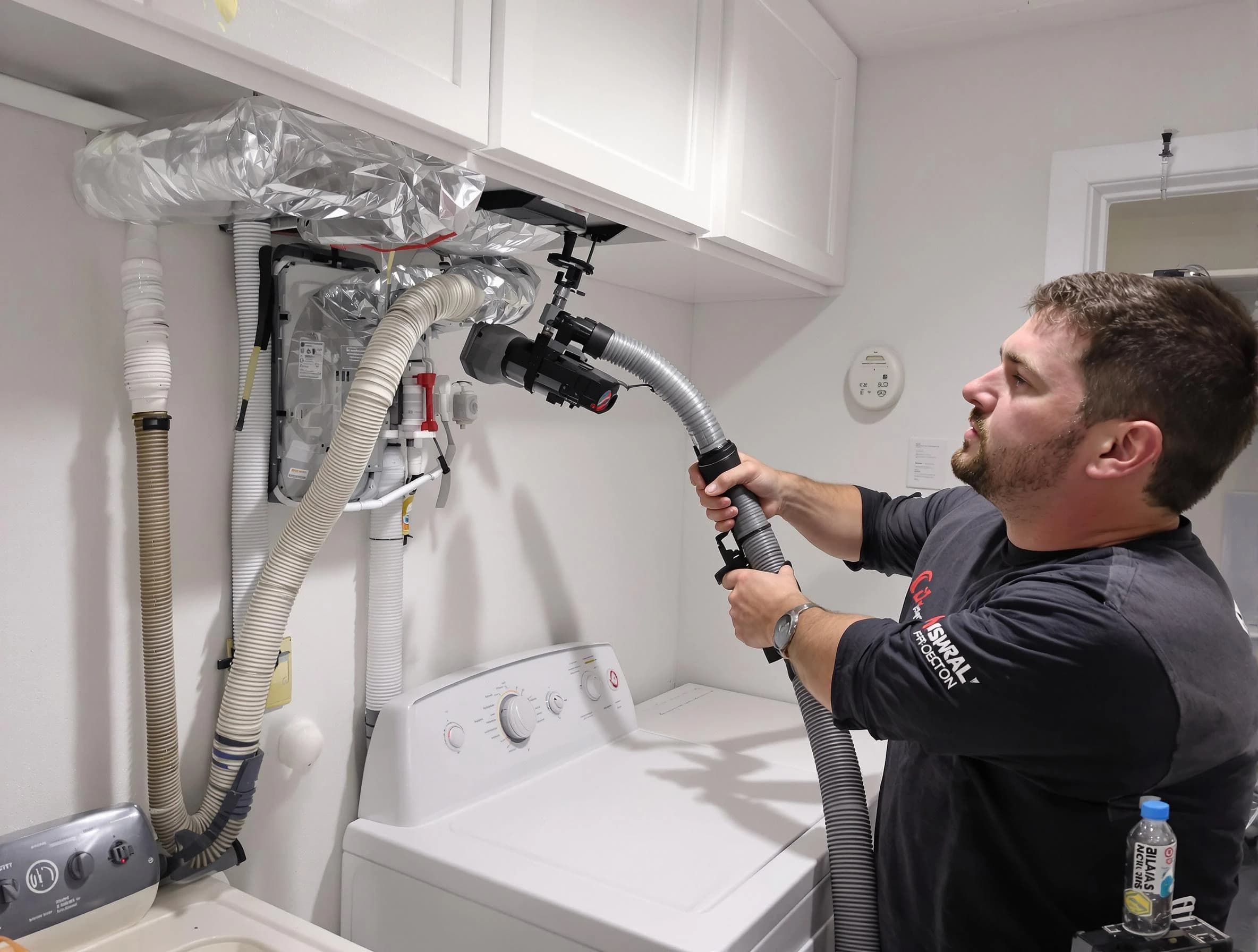 Woodstock Dryer Vent Cleaning certified technician performing safety-focused gas dryer vent cleaning in Woodstock